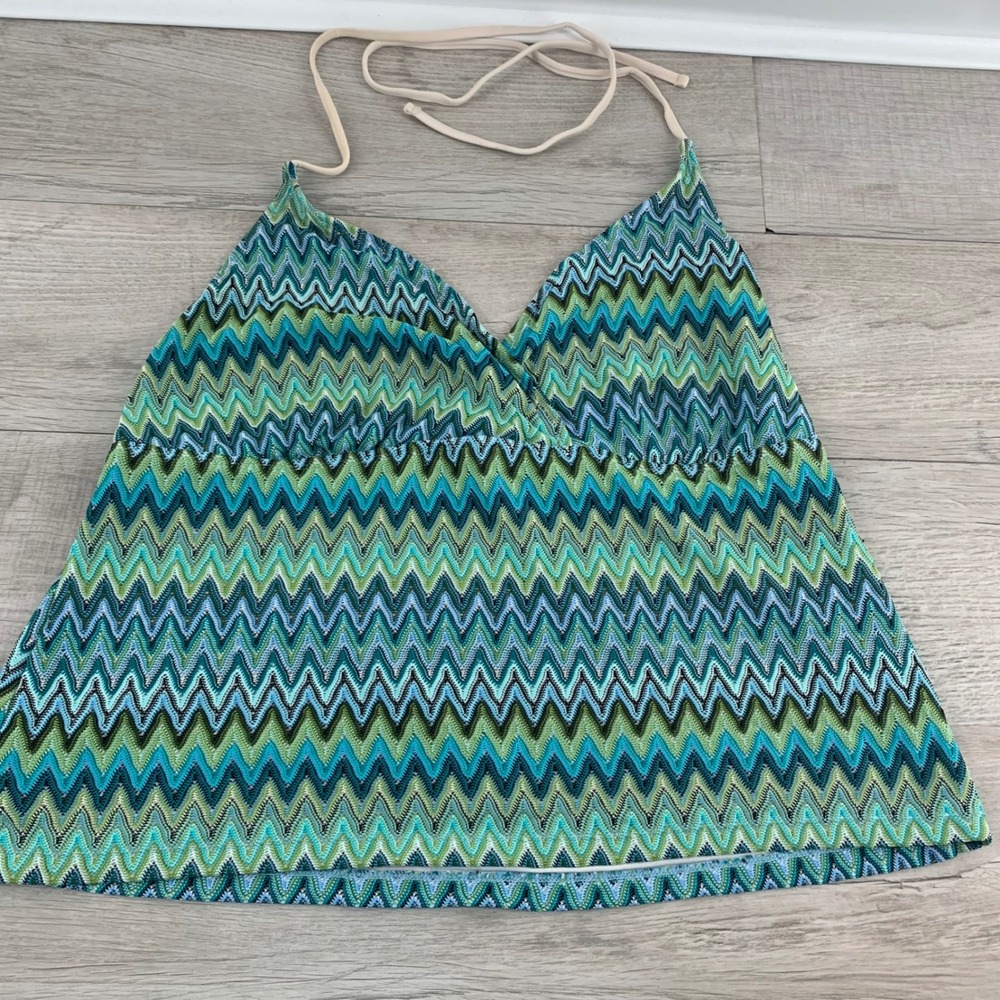 Blue‎ Green Chevron Zigzag Halter Tankini Swim Top Surplice Neckline